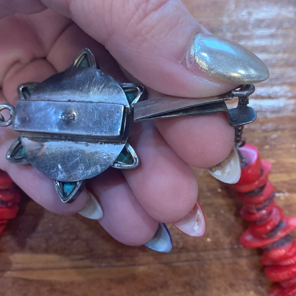 Red Coral with Turquoise Clasp Navajo Necklace - Picture 15 of 17